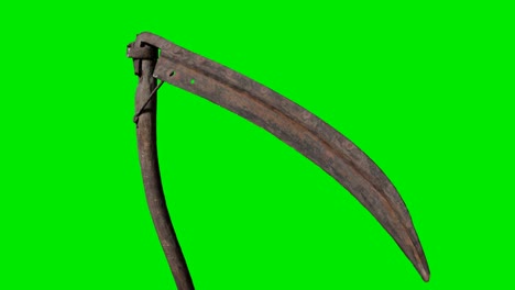 Ancient-rusted-metal-scythe-on-green-chromakey-background