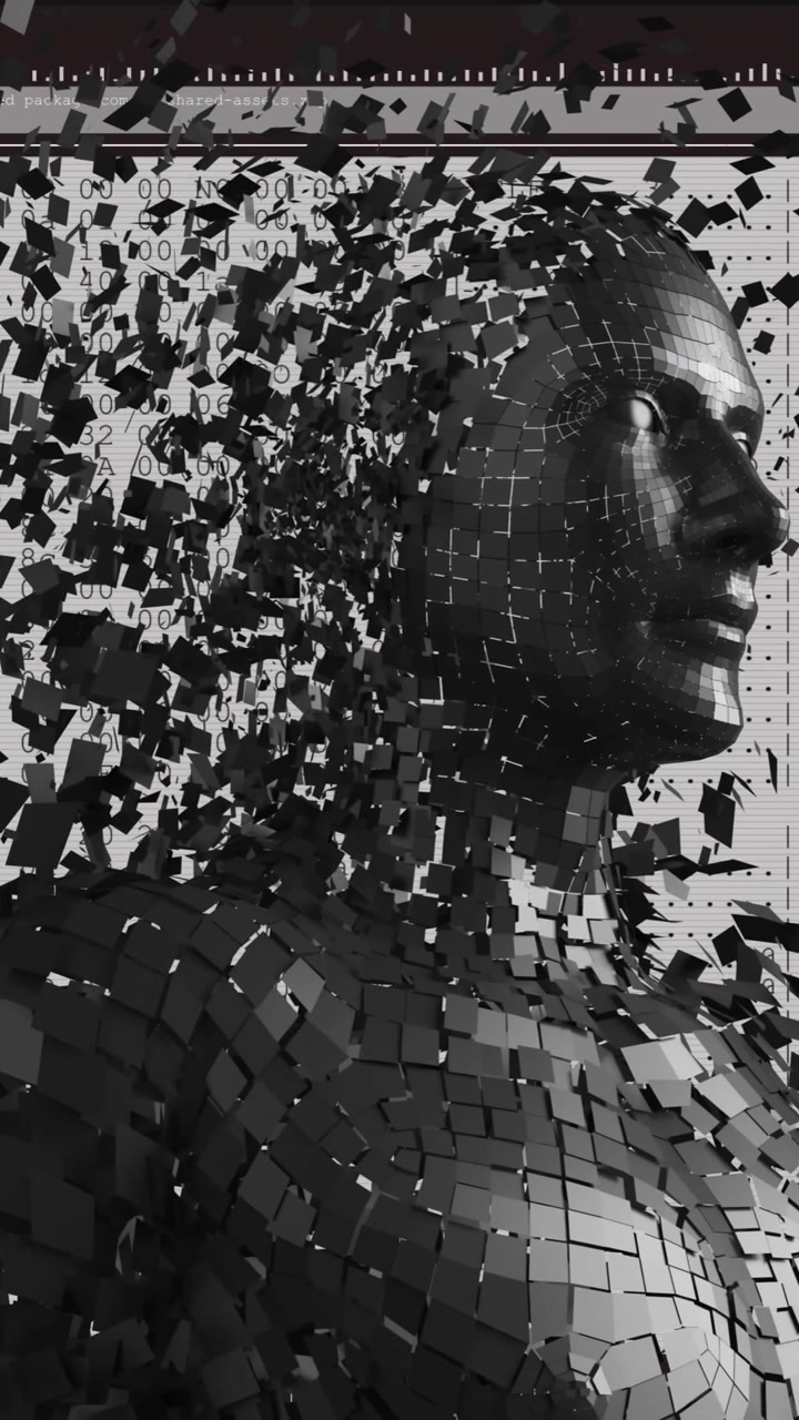 Animazione di busto umano con particelle ed elaborazione dati digitali su schermi di computer.