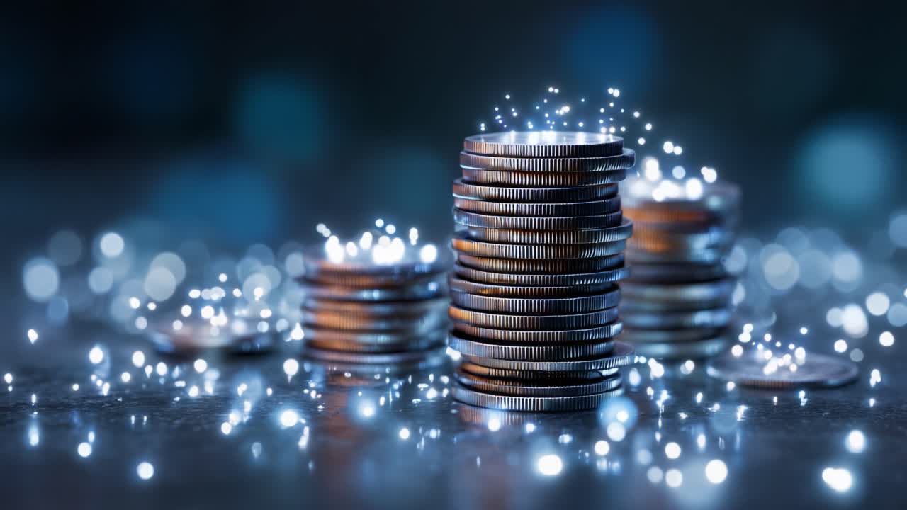 A Close-Up View of Stacked Coins Surrounded by Glowing Particles Showcasing the Beauty of Currency in a Magical Financial Setting