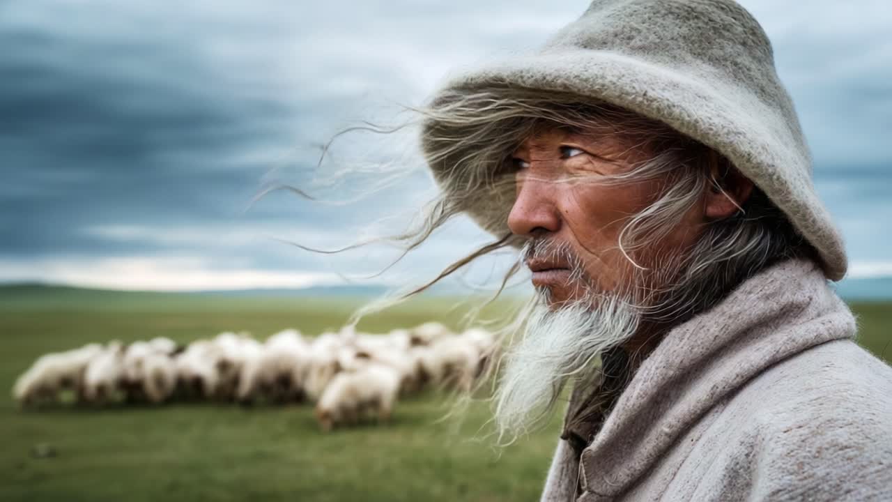 A contemplative herdsman with flowing hair stands on the vast green plains, watching over his flock of sheep against a backdrop of dramatic clouds and rolling hills