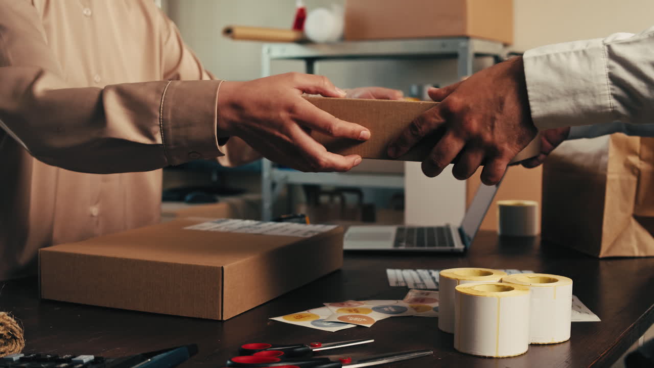 E-commerce storage shop, woman packing goods and clothes for second hand delivery market, dedicated Packaging and Shipping Workspace with Supplies and Technology for efficiency, online sales.