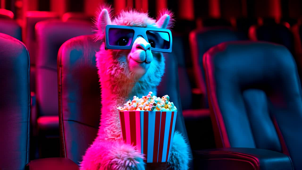una llama adorable disfrutando felizmente de una película mientras come palomitas de maíz y usa gafas 3d