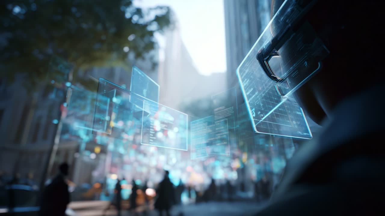 Futuristic Urban Environment featuring Advanced Augmented Reality Technology with Digital Data Overlays, Showcasing the Intersection of Modern Life and Innovative Digital Experiences