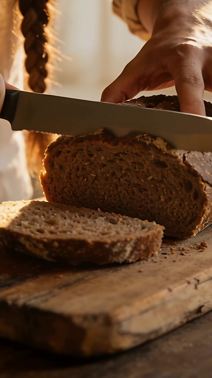Vertical video: Holding seeded loaf, cook wearing rolled cuffs slicing bread with knife in kitchen