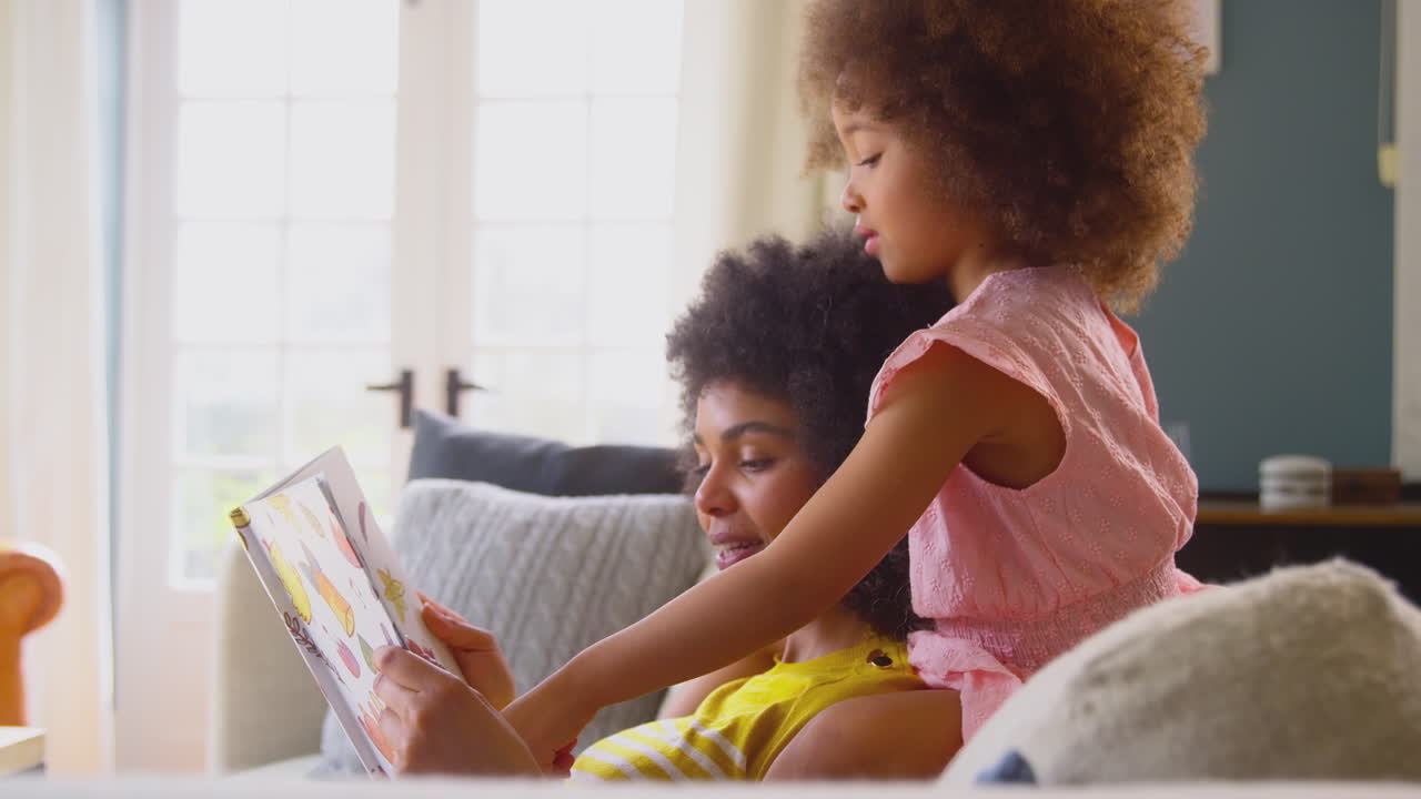 Madre e figlia che si rilassano sul sofà a casa che leggono insieme il libro