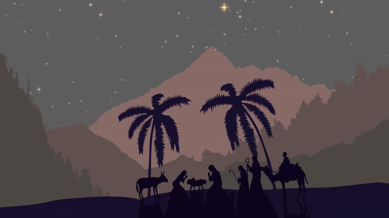 animación de la escena del nacimiento de navidad y las estrellas en el cielo nocturno