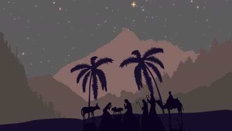 animation of christmas nativity scene and stars on night sky