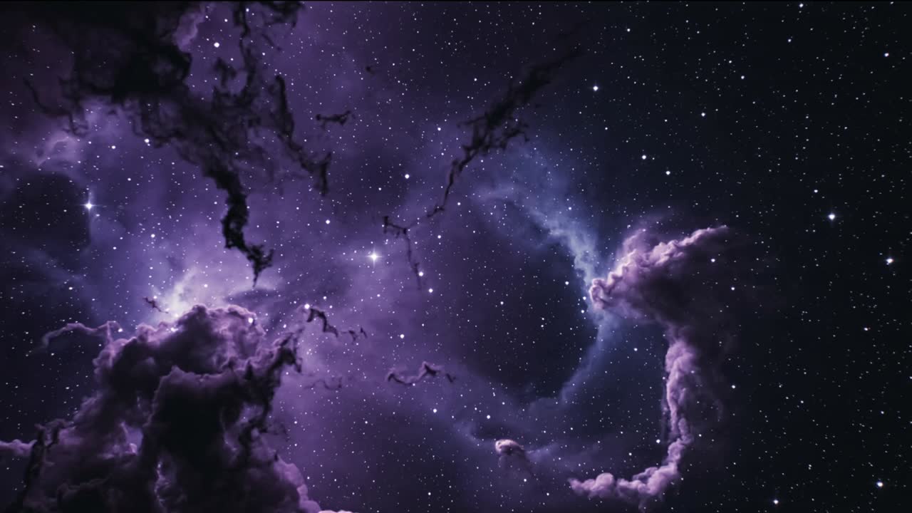 Nebulosa roxa ondulante reagindo a gás, estrela pulsando, poeira escura, nó se movendo no espaço profundo