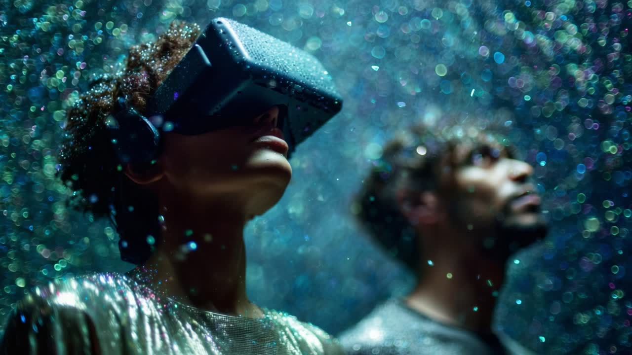 Immersive Virtual Reality Experience: Two Participants Engaged in a Dazzling Digital World Enhanced by Sparkling Particles and Textures in an Atmospheric Setting