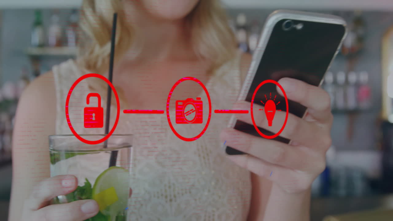 animación de una red de conexiones con iconos sobre una mujer caucásica usando un teléfono inteligente