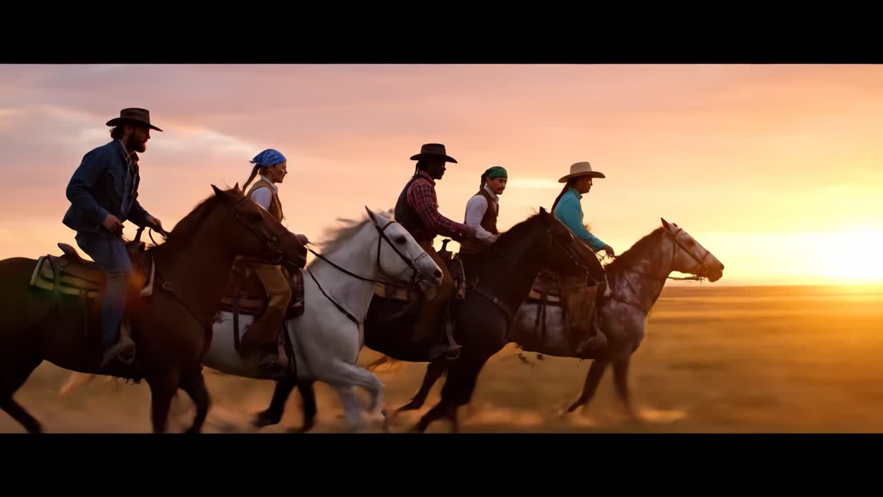 해가 지면 카우보이들이 말을 타고