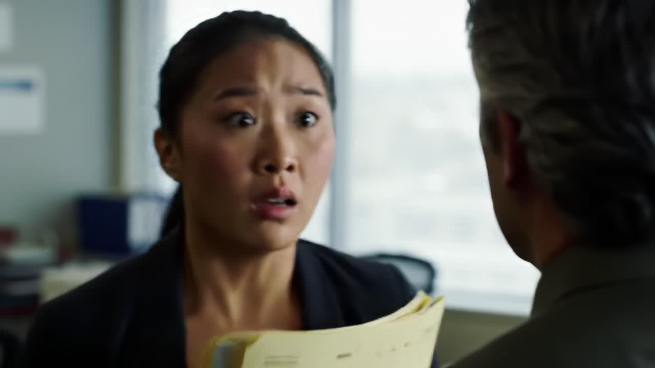An intense exchange occurs in a corporate office, featuring a woman holding files and appearing concerned while confronting a man. Emotions run high as they discuss critical matters.