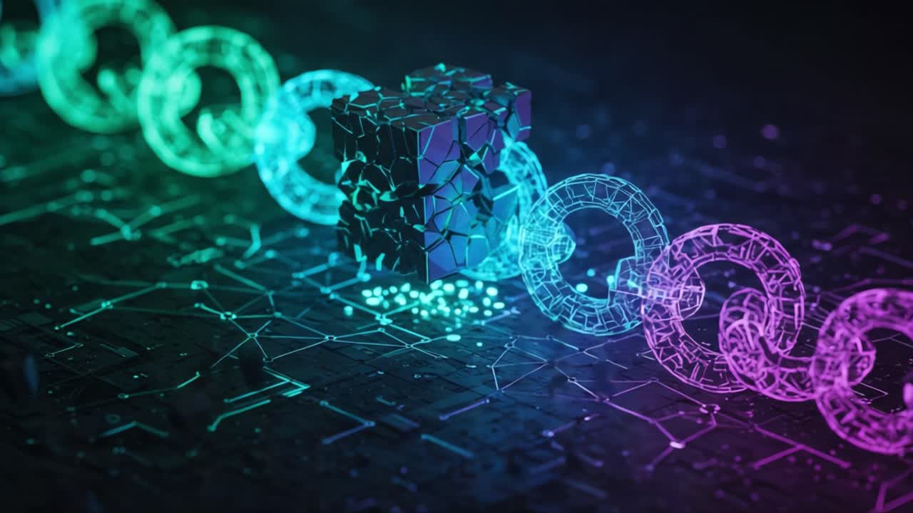 Exploring the Dynamic Intersection of Digital Technology and Abstract Forms: A Visual Representation of Cubes and Chains in Vibrant Colors