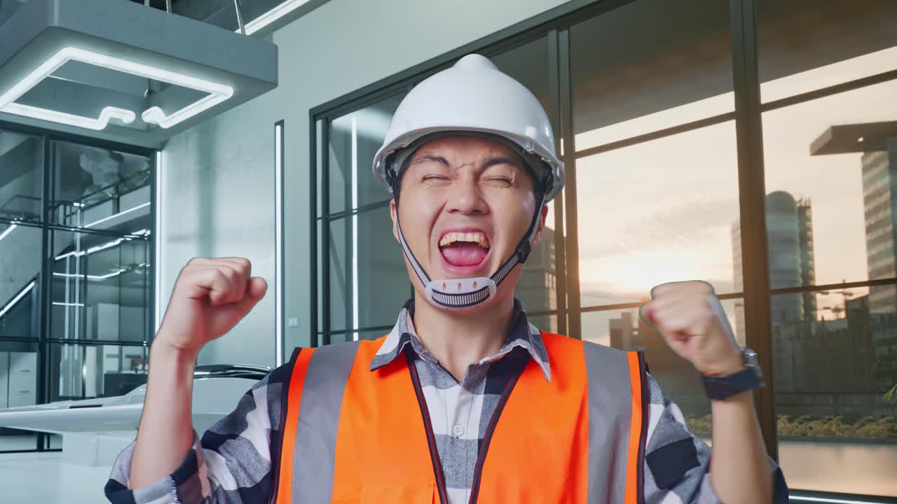 안전 헬을 입은 아시아 남성 엔지니어가 무인기 프로젝트를 축하하는 목표를 외치고 있습니다.