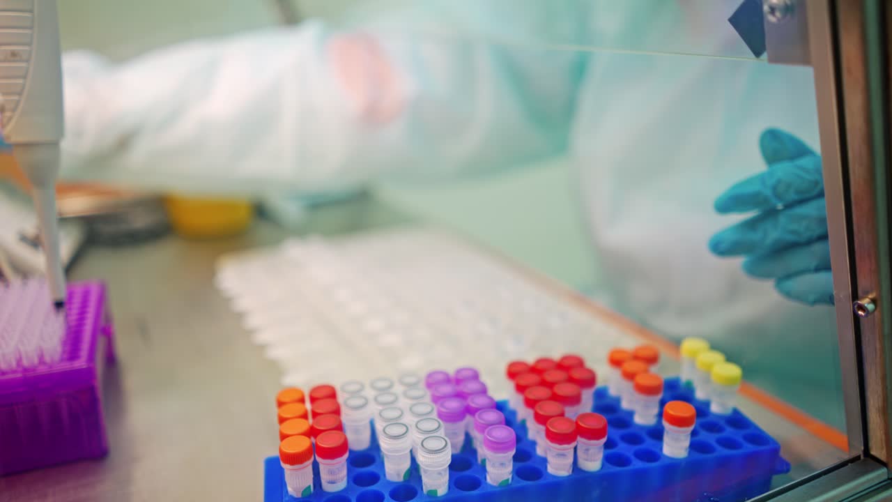 Test tubes on a rack on the laboratory table. Medical assistant in protective uniform and gloves working with vials of samples in scientific clinic.