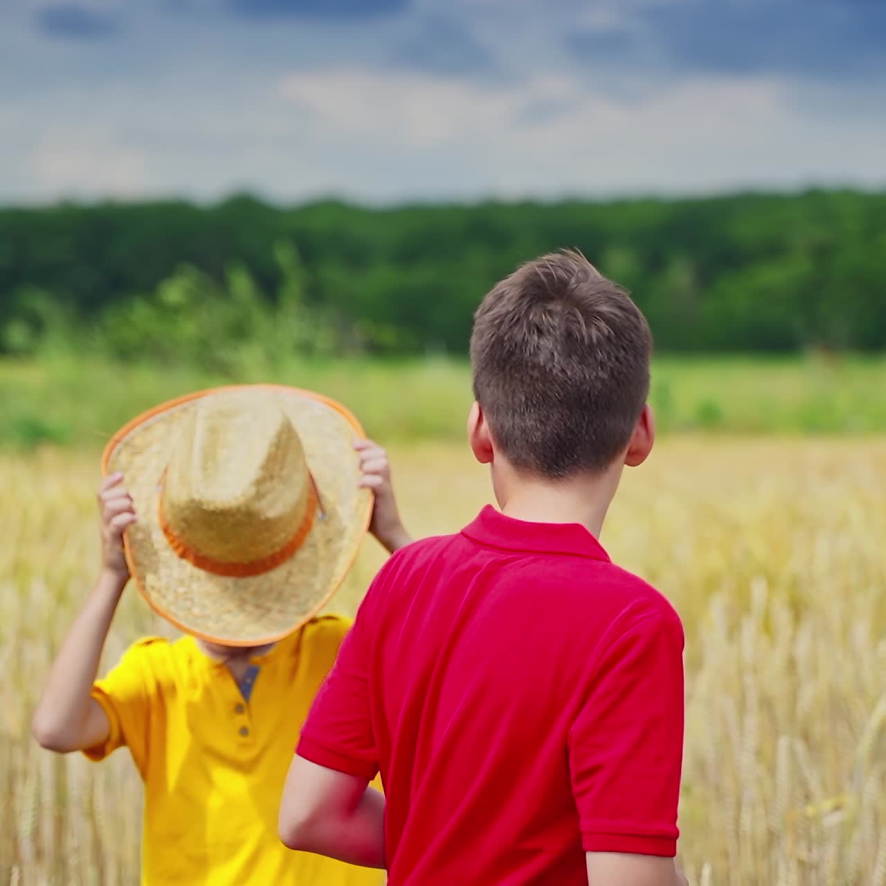 Boys among nature. Little brother gives straw hat to his elder brother on the field. Children in the agricultural land. Slow motion.