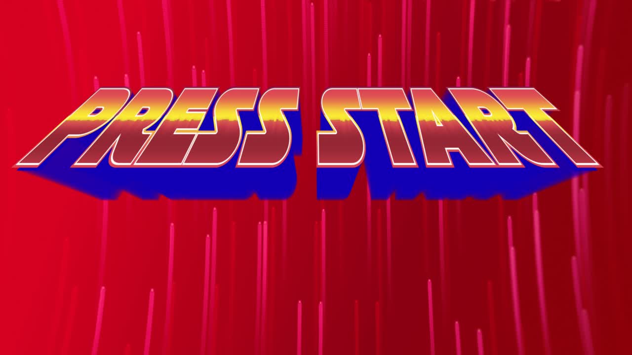 Animaatio "Press Start" -tekstistä valojuovien yllä.