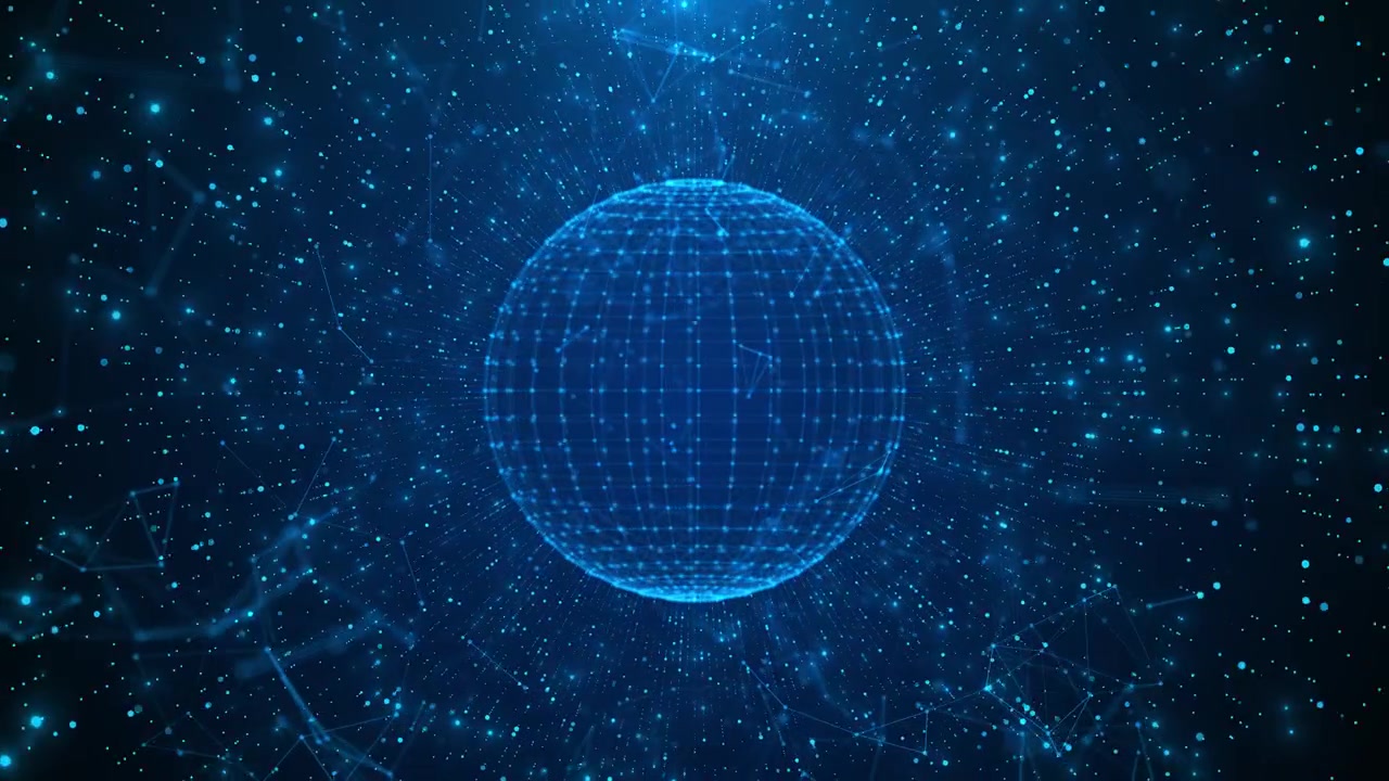 Blue digital globe background with glowing wire mesh floating particles and connected network depth