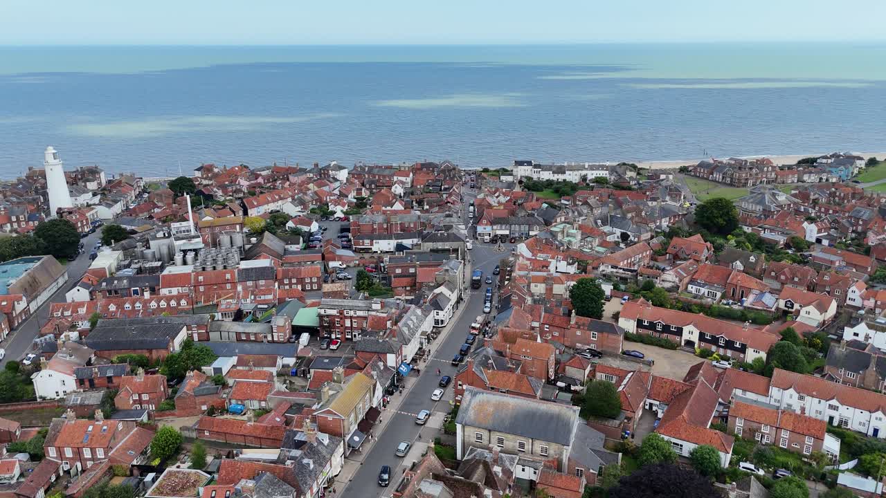 Southwold Suffolk high street UK pull back drone aerial reverse reveal