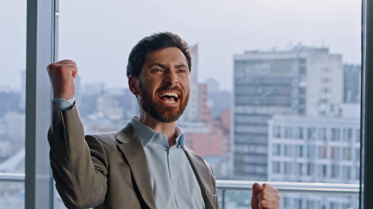 Joyful corporate leader cheering skyline view closeup. Triumphant raising arms