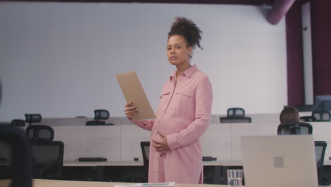 Portrait-Of-A-Serious-Pregnant-Woman-Holding-Documents-And-Smiling-At-Camera-While-Working-In-The-Office