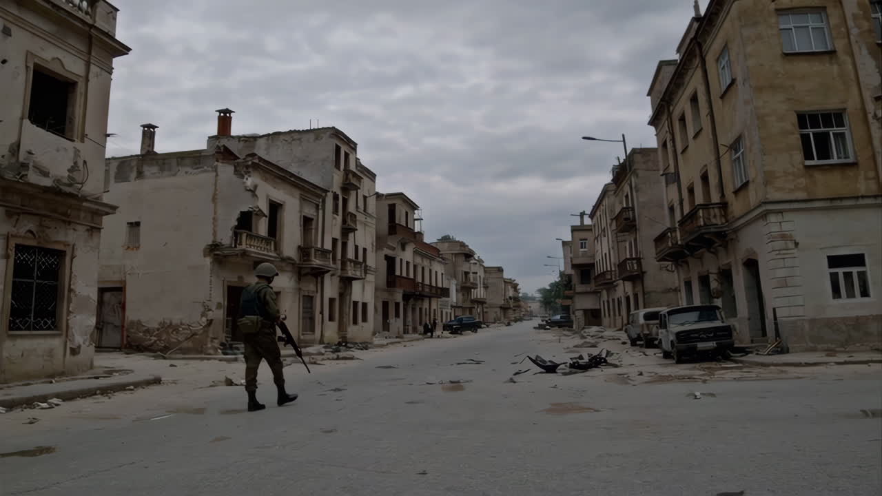 Strada cittadina distrutta con soldati