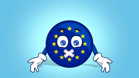 cartoon european union icon flag silent sticky tape mouth with face animation