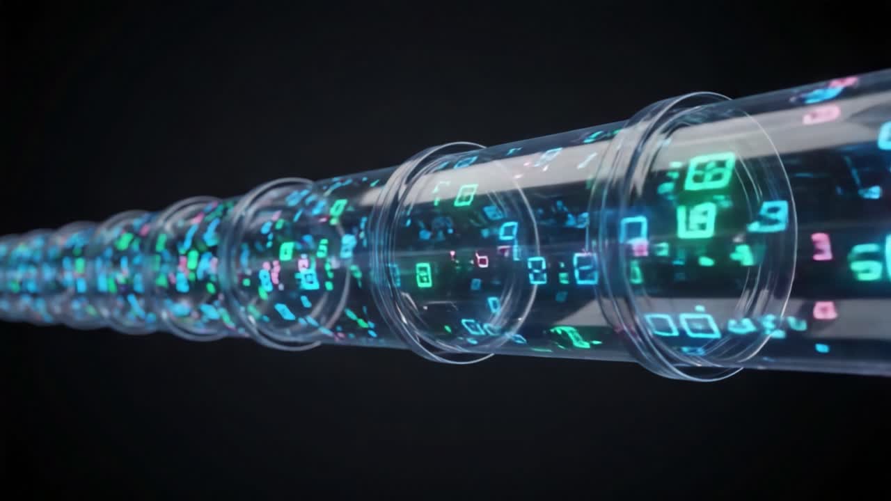 Futuristic Digital Tube Displaying Dynamic Data Streams with Vibrant Colors and Patterns, Capturing the Essence of Technology and Information Flow