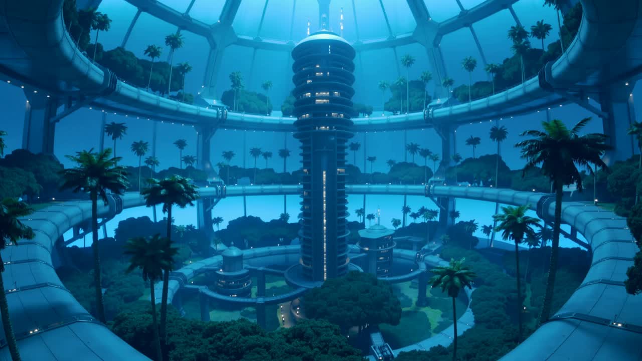Pulling back camera revealing central cylindrical tower in biodome atrium, showing ring walkways