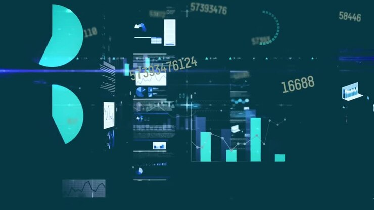Animation of multiple changing numbers and statistical data processing against blue background