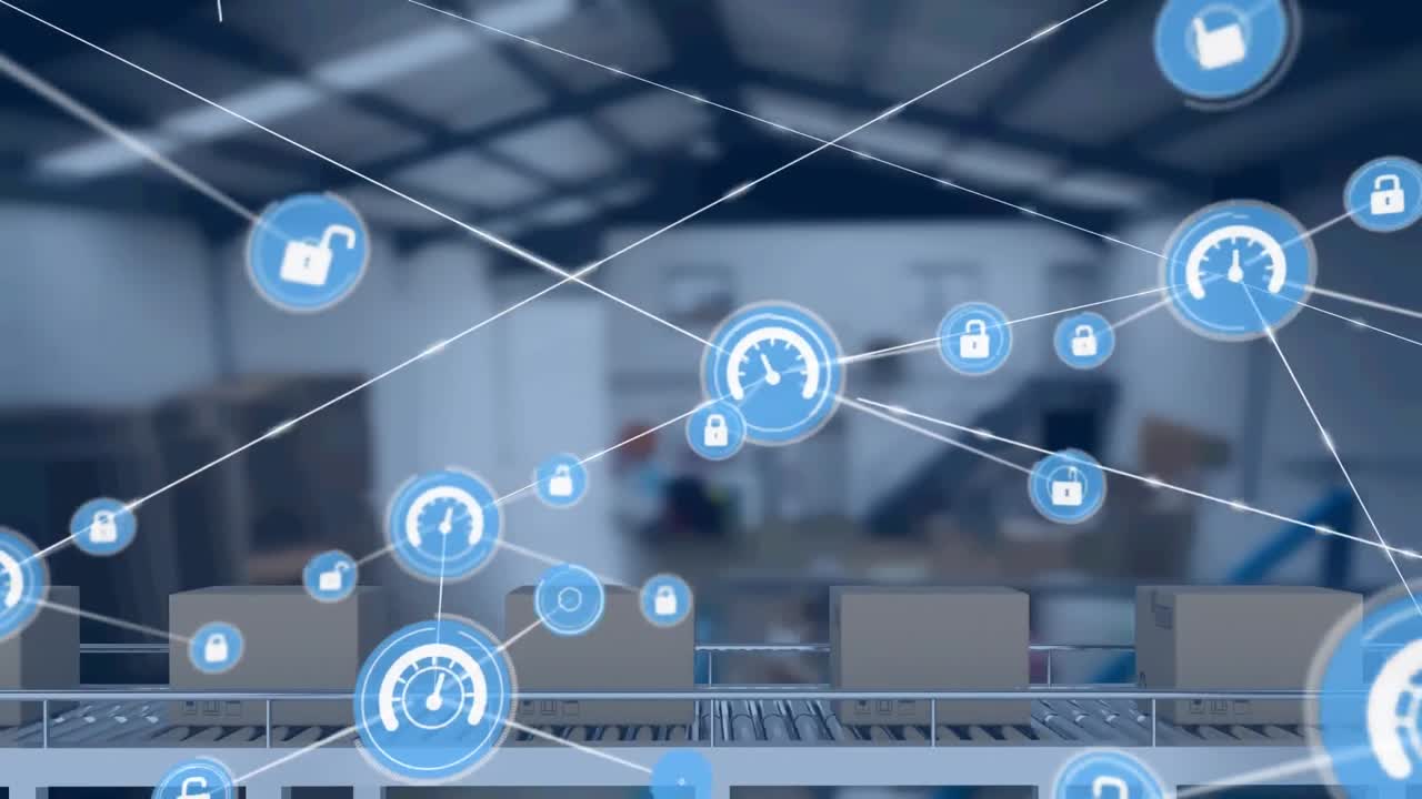 animación de una red de iconos digitales contra cajas de entrega en cinta transportadora en el almacén