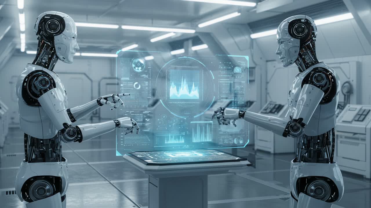 Two Futuristic Robots Engaging in a Data-Driven Conversation with Holographic Interface Displaying Information in a Modern Technology Environment