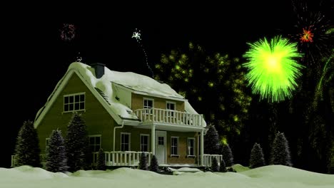 animation of colourful christmas and new year fireworks exploding in night sky over house in snow