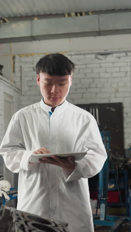 un ingeniero demuestra cómo soltar un perno mientras los estudiantes toman notas en cuadernos, otro colega observa atentamente en un taller automotriz lleno de herramientas y motores de automóviles en el fondo