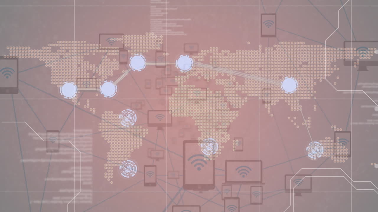 Animation of world map and network of connections with data processing, on pale orange background
