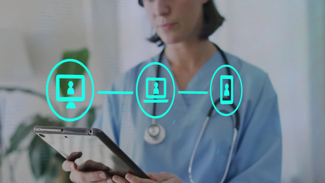 Medical professional using tablet with healthcare technology animation overlaid