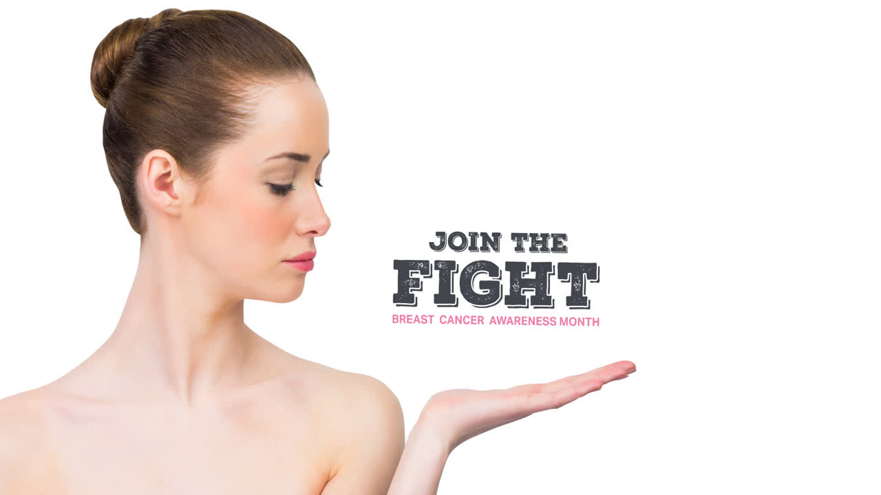 젊은 여성 위에 유방암 텍스트가 있는 분홍색 유방암 리본 로고의 애니메이션