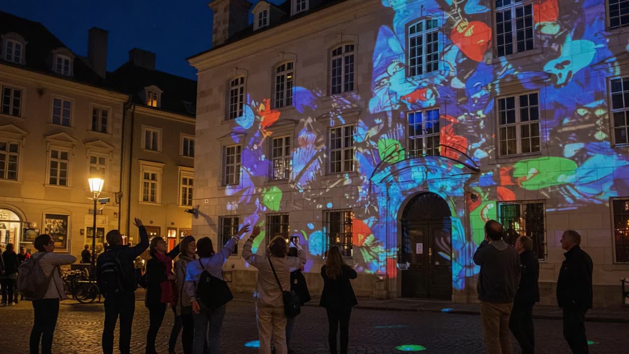 Captivating Nighttime Spectacle: A Colorful Projection Show Illuminating a Historic Building While an Enchanted Audience Engages with the Mesmerizing Visual Display