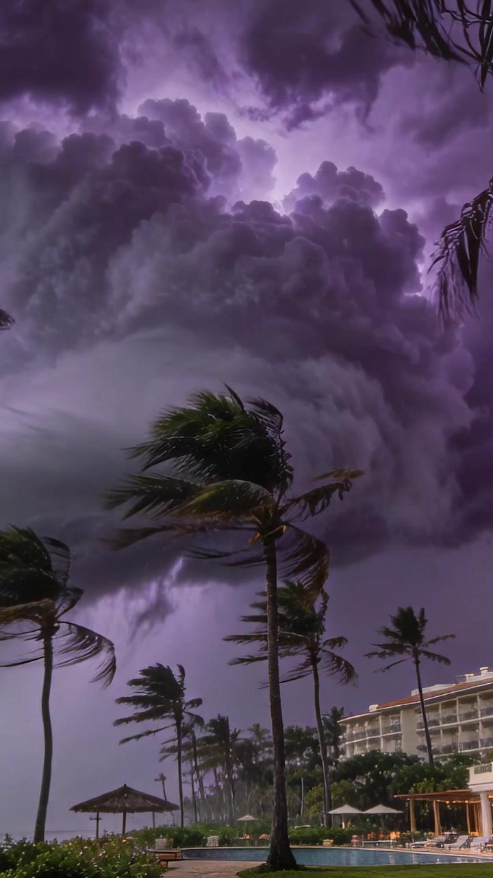 Video vertical: Nube de tormenta que avanza, relámpagos, palmera azotada por el viento en una piscina costera.