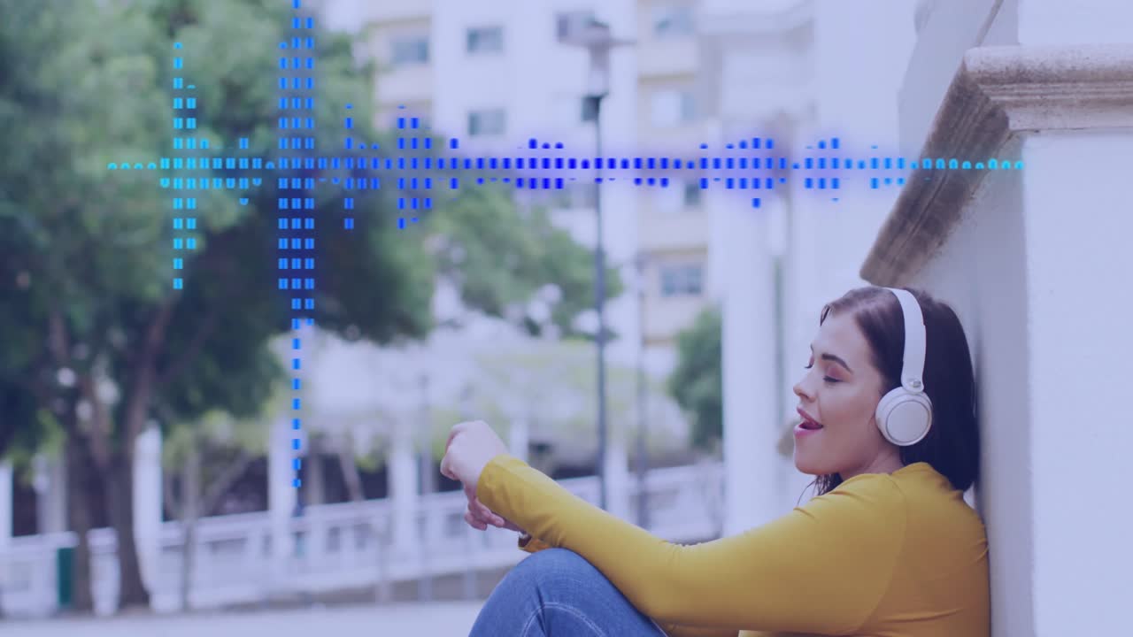 animación de la red de conexiones sobre mujer caucásica usando auriculares