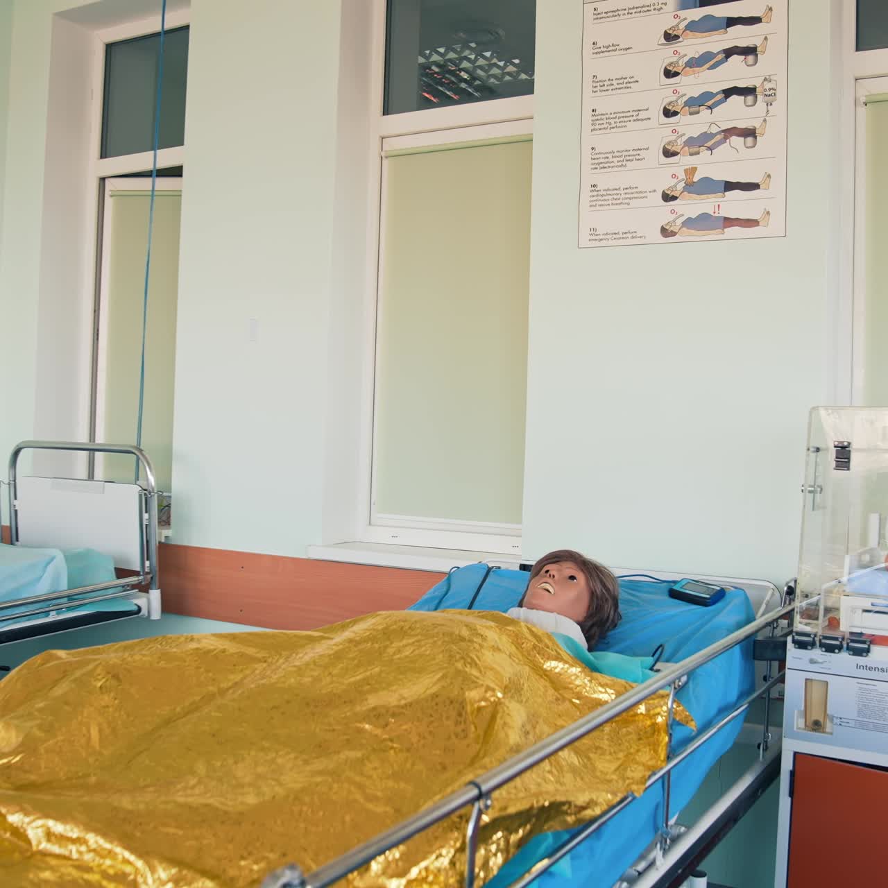 Medical mannequin on bed. Practicing with medical simulation mannequin in hospital