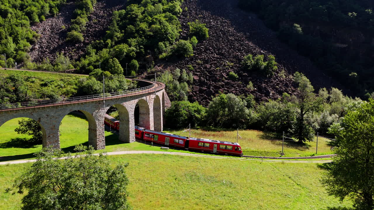 Red train crossing Swiss bridge in green valley, scenic travel experience