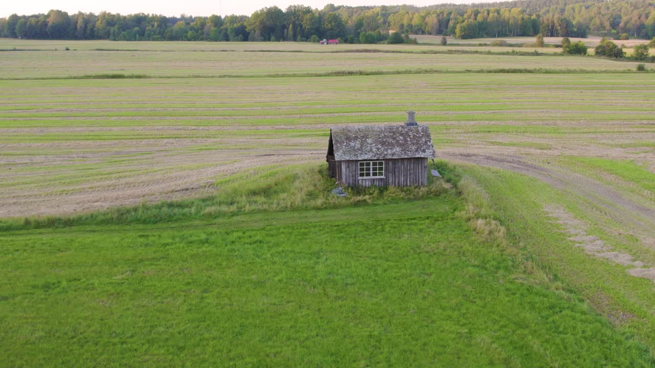 Traditional Wooden Building Of A Blacksmith Workshop In The Fields Of Sweden. Aerial Drone Shot