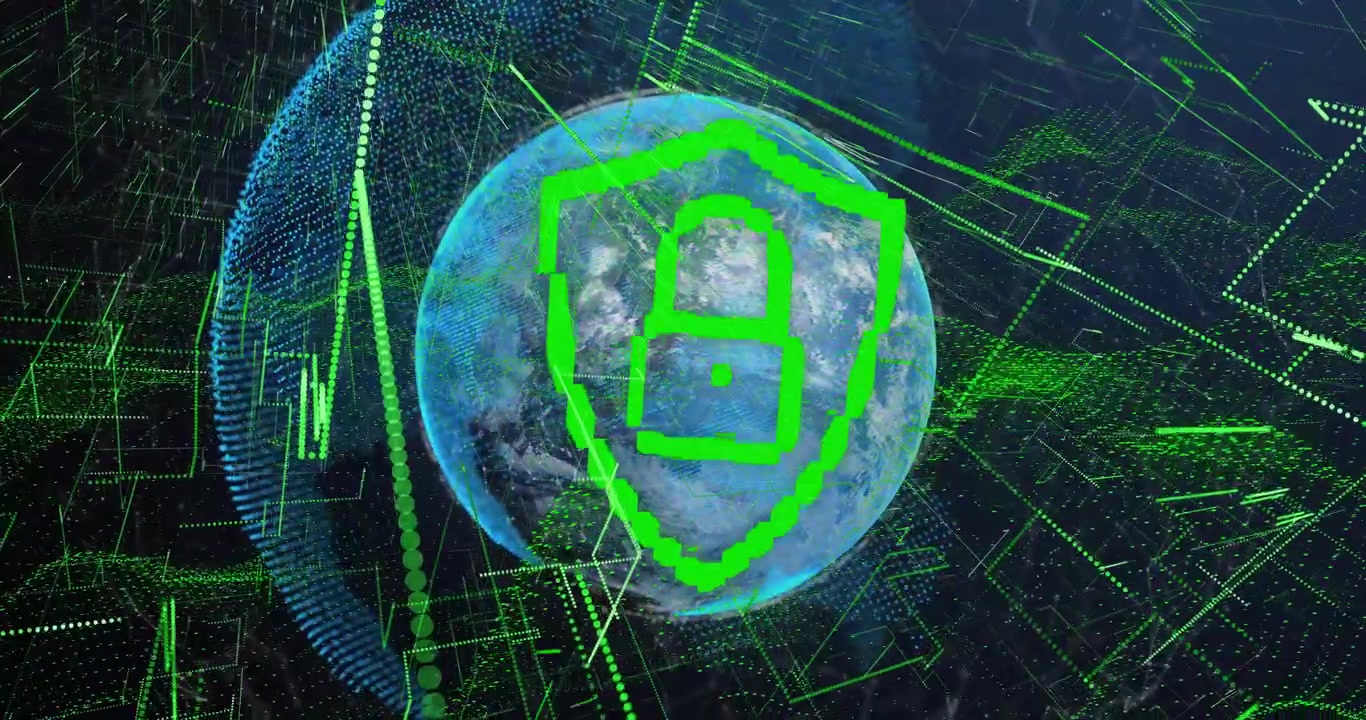 Rotating Earth globe revealing neon shield padlock while cycling encryption digits securing data