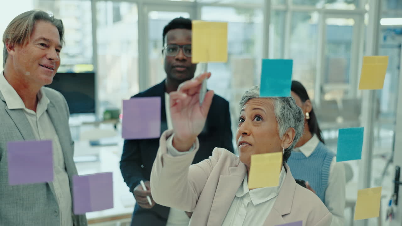 Notes, meeting and business people by glass