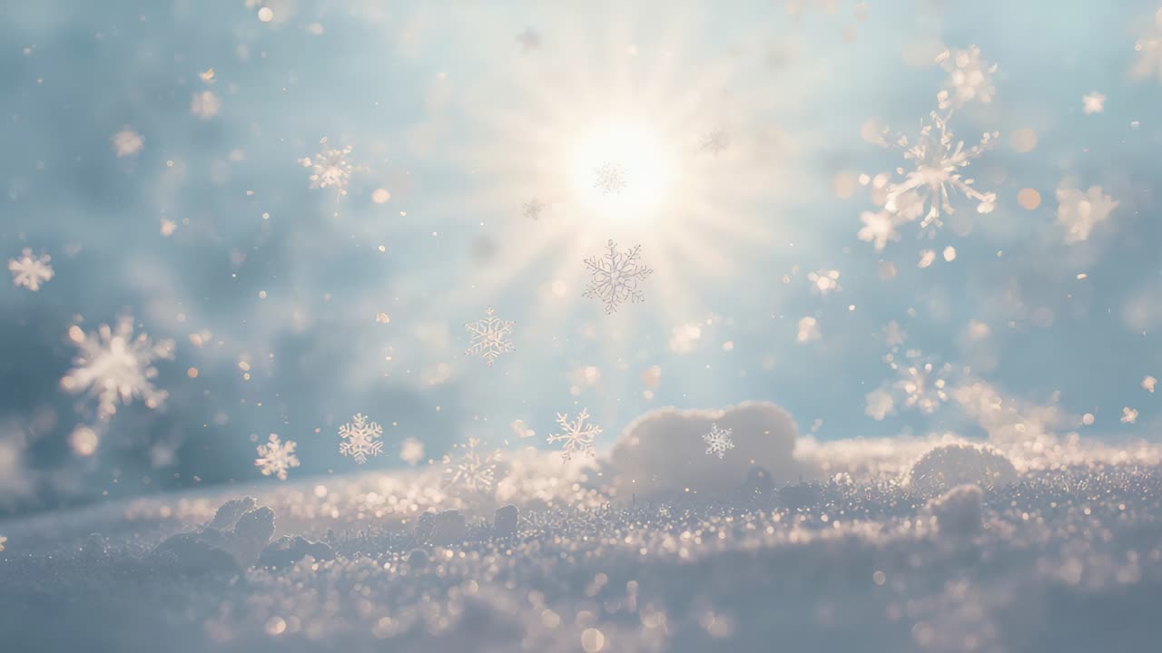 Bursting sunlight revealing drifting six-armed snow crystals in light snowfall over low snow, bokeh