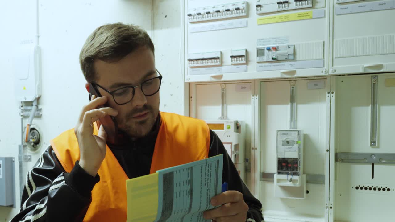 A man in a reflective safety vest makes a phone call while inspecting electrical equipment. Concept of maintenance, safety, and technical support