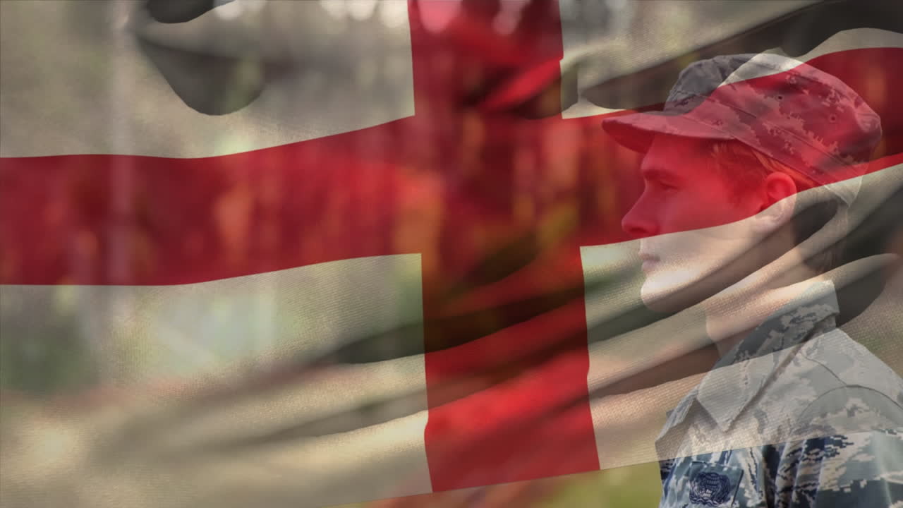 animación de la bandera de inglaterra sobre el soldado masculino caucásico