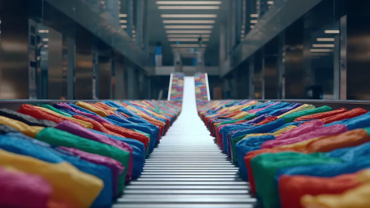 Ett färgstarkt transportband som visar upp livfulla, mångfärgade paket i en modern industriell miljö, vilket fångar effektiviteten och organisationen av materialhanteringen
