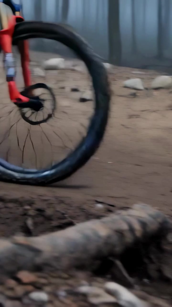 Video verticale: Ruota di bicicletta che rotola ed entra da destra, superando radici su un sentiero nebbioso nel bosco, con spazio per il testo.